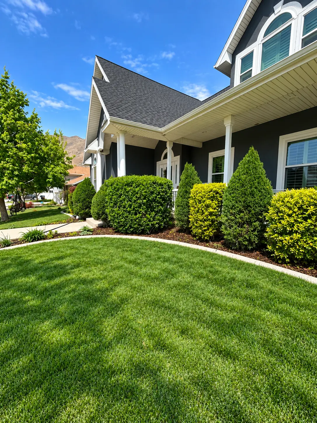Finished front yard landscape with lawn, shrubs, and curved planting beds